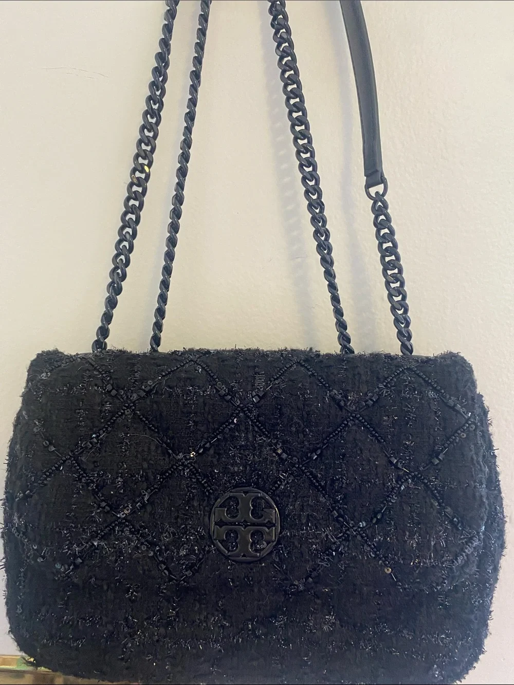 Tory burch willa beaded tweed small shoulder bag Chain-Handle can also be cross